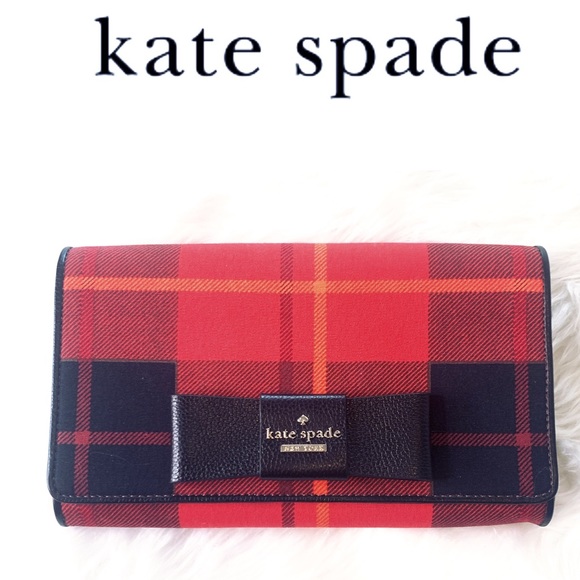 kate spade Handbags - New Kate Spade Plaid Red Black Leather Bow Clutch
